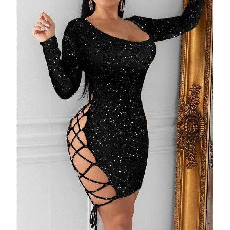 Women's Mandarin Collar DressesFashionSierra - Women's Bandage Bodycon Dress Ladies Long Sleeve Backless Evening Party Clubwear Short Mini Female Dress