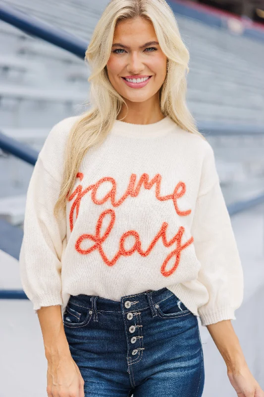 Women's Active ShortsIt's Game Day Ivory/Orange Puff Sleeve Sweater