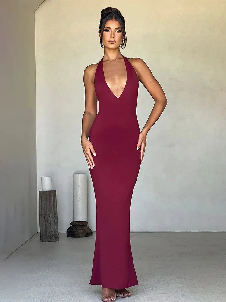 Women's Keyhole-Neck DressesBodycon Mermaid Long Halter Backless Nightclub Sexy Spring Summer Maxi Dress