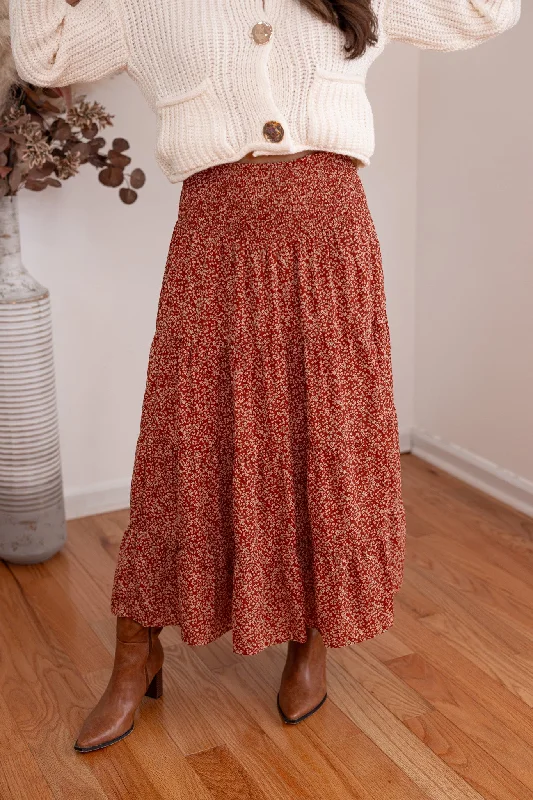 Women's Smooth SkirtsEnchanted Florals Rust Midi Skirt