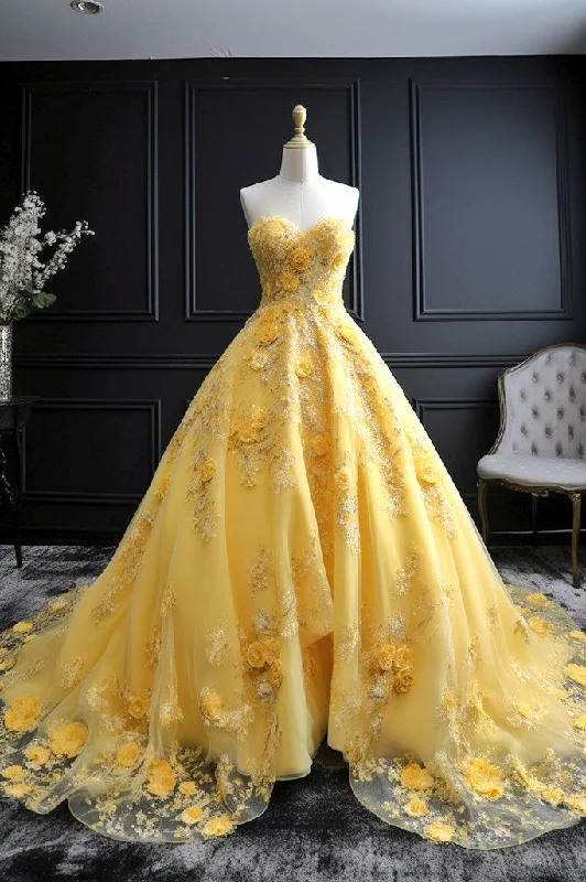 Women's Sleeveless DressesA-Line Yellow Strapless Wedding Dress Elegant Long Wedding Party Dress     S6613