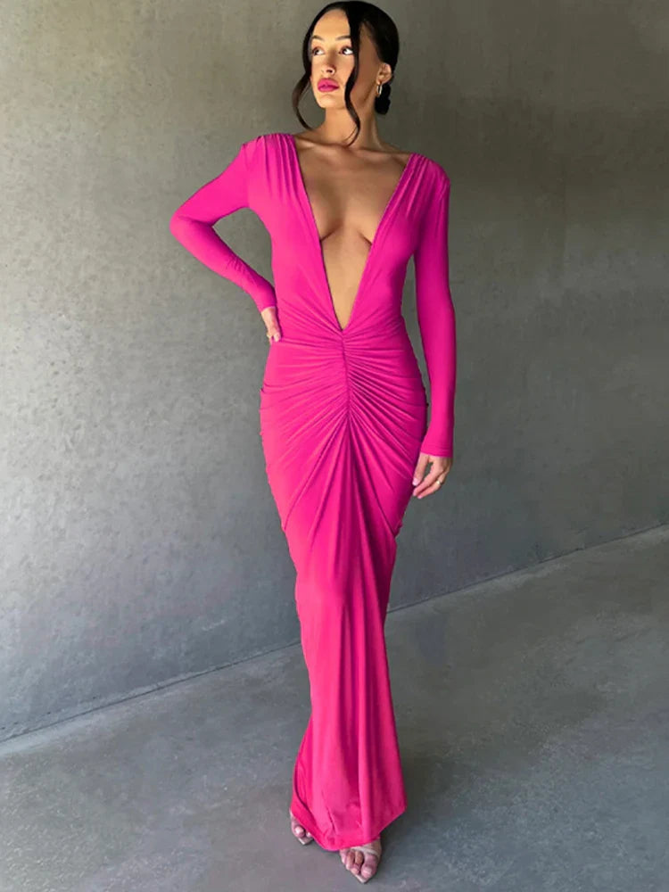 Women's Boat-Back DressesDeep V Neck Mermaid Slim Bodycon Nightclub Sexy Autumn Winter Long Maxi Dress