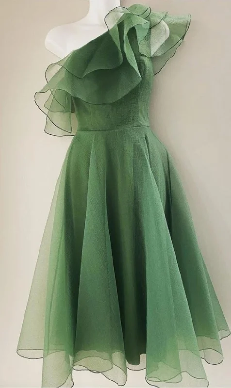 Women's High-Neck DressesGreen One Shoulder Knee Length Evening Dress Party Dress Prom Dress        S6686