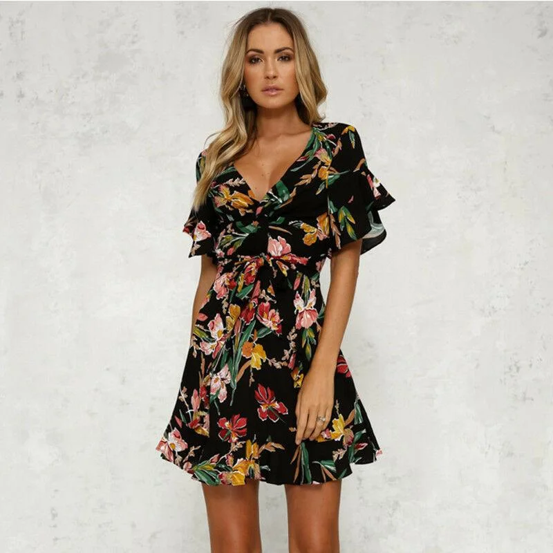 Women's Collarless DressesFashionSierra - Women Short Sleeve Wrap Boho Floral Mini Dress Ladies Summer Party Beach Casual V-Neck Short Sundress Holiday