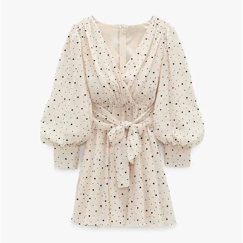 Women's High Collar DressesFashionSierra - Za Dress Woman Polka Dot Mini Dress Long sleeve V-neckline Zip fastening White Women's Dresses for Summer