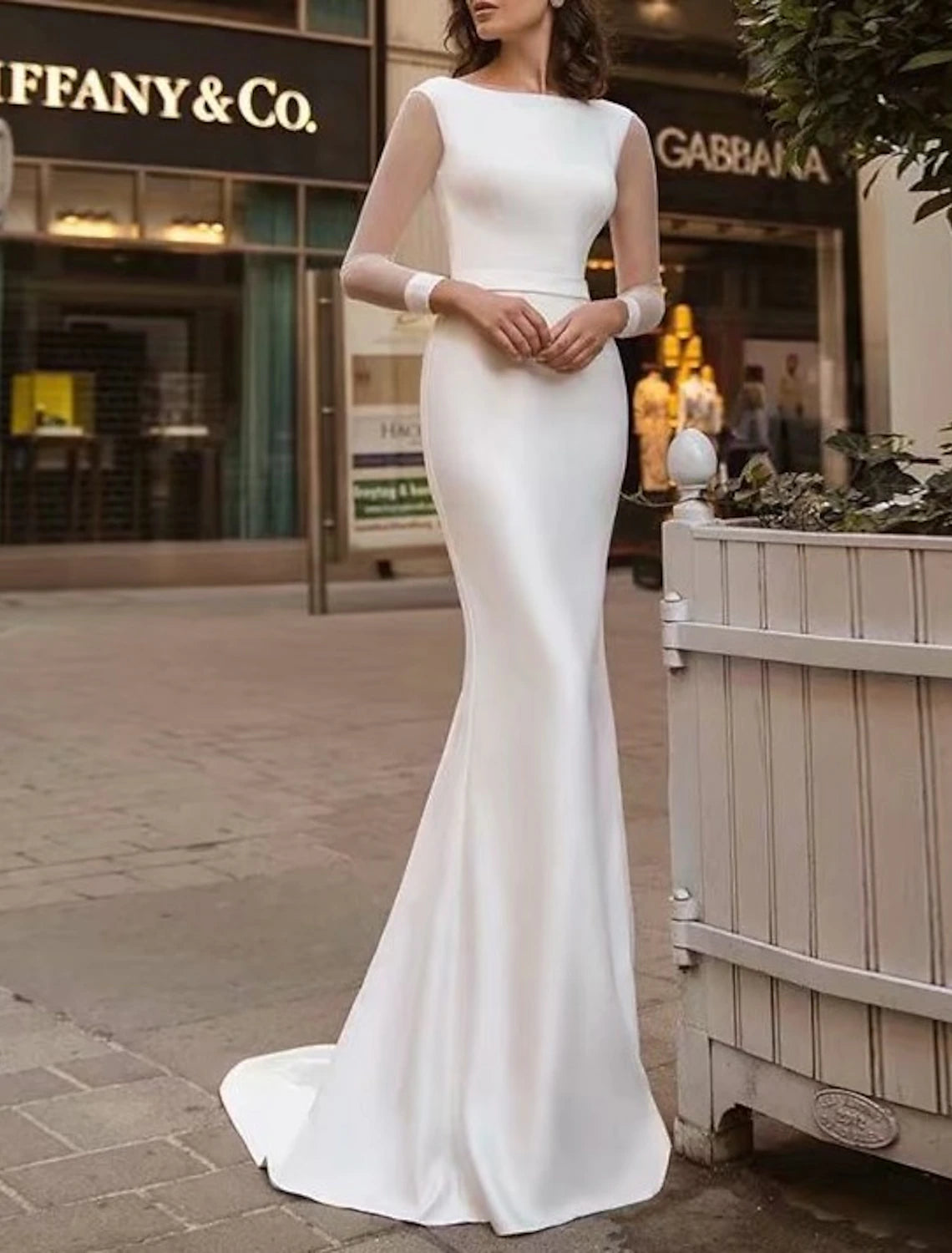 Women's Notched Collar DressesReception Royal Style Casual Wedding Dresses Mermaid / Trumpet Scoop Neck Long Sleeve Sweep / Brush Train Satin Bridal Gowns With Solid Color Summer Fall Wedding Party