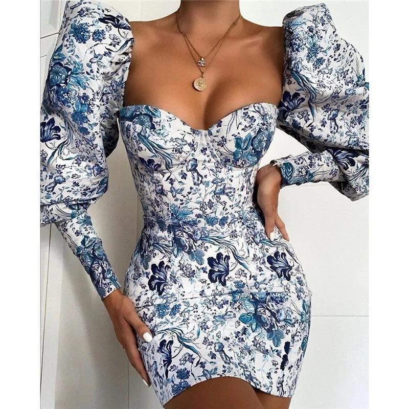 Women's Cap-Sleeve DressesFashionSierra - Pull sleeve floral prnt bodycon dress women Slim fit strapless  party dress Autumn Elegant womens dresses mini vestidos