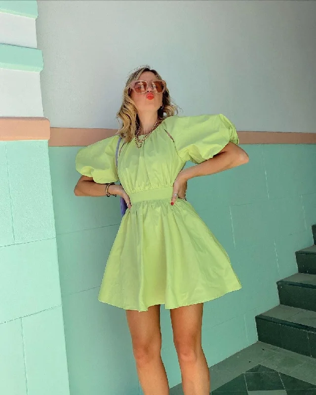 Women's Maxi DressesFashionSierra - Summer Dress Green Solid Color Round Neck Puff Sleeve Mini Dress