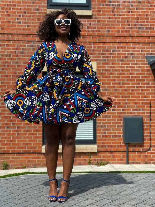 Women's Peter Pan Collar DressesBani Ankara Mini Dress | Blue and White Multicolored African tribal Print