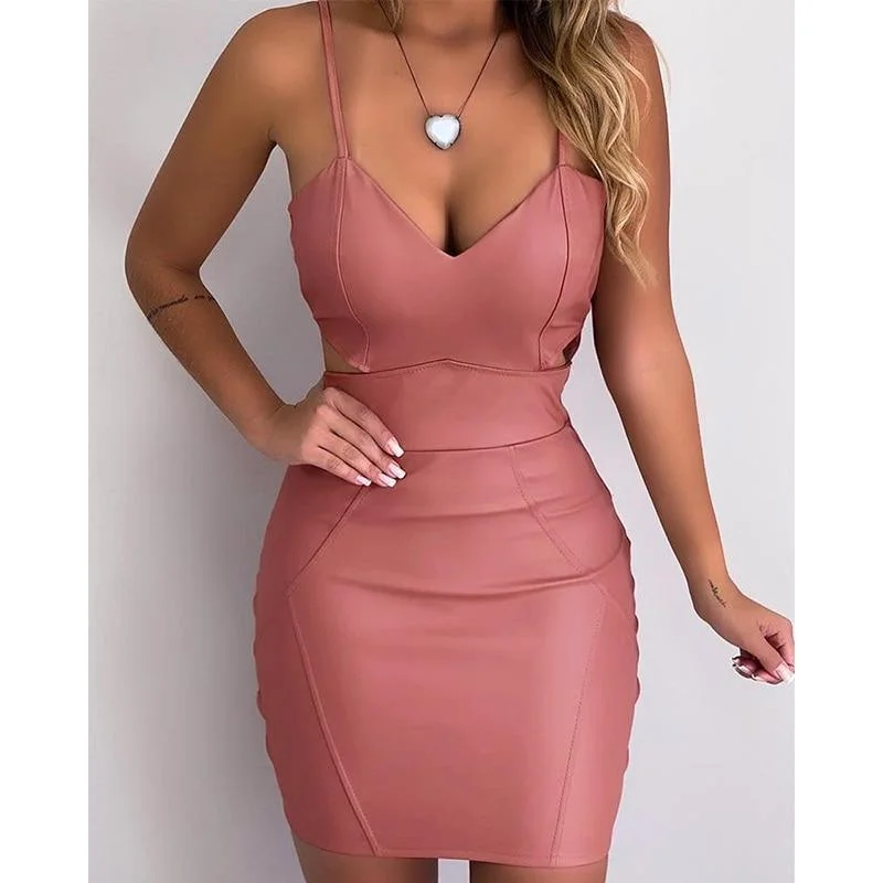 Women's Lapel Collar DressesFashionSierra - Spaghetti strap pu leather dress Women Cutout bodycon party dress Sexy slim fit mini club wear Summer color pink vestidos