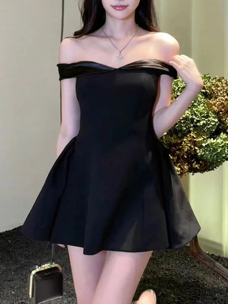 Women's Lapel Collar DressesSatin Contrast Stylish Off-shoulder Mini Dress