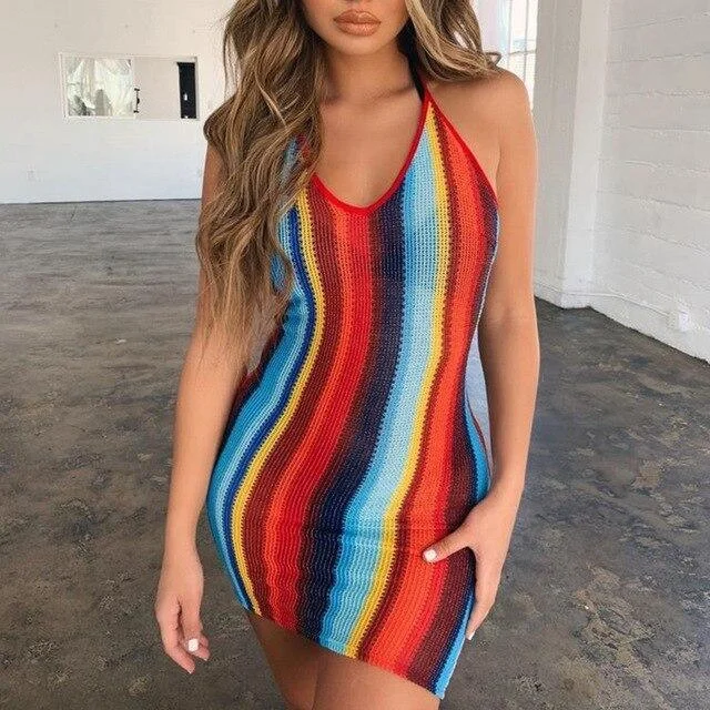 Women's Peter Pan Collar DressesFashionSierra - Women Summer Clothes Sexy Halter Backless Sleeveless Colorful Stripe Bodycon Tunic Mini Dress Elegant Party Club Wrap Dresses