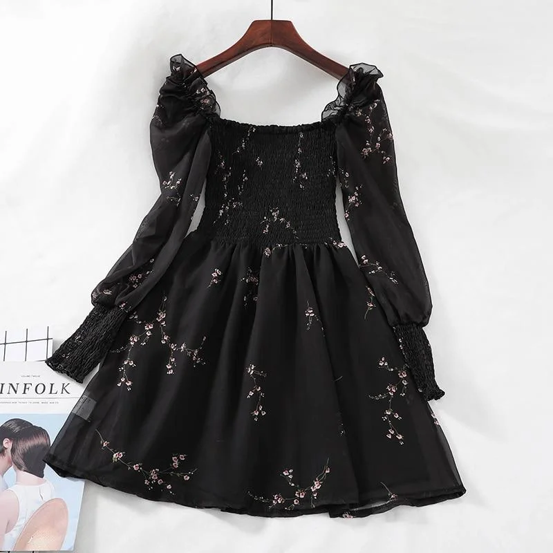 Women's Sweetheart Collar DressesFashionSierra - Black Mini Dresses  Vintage Flower Long Puff Sleeve Chiffon Dresses