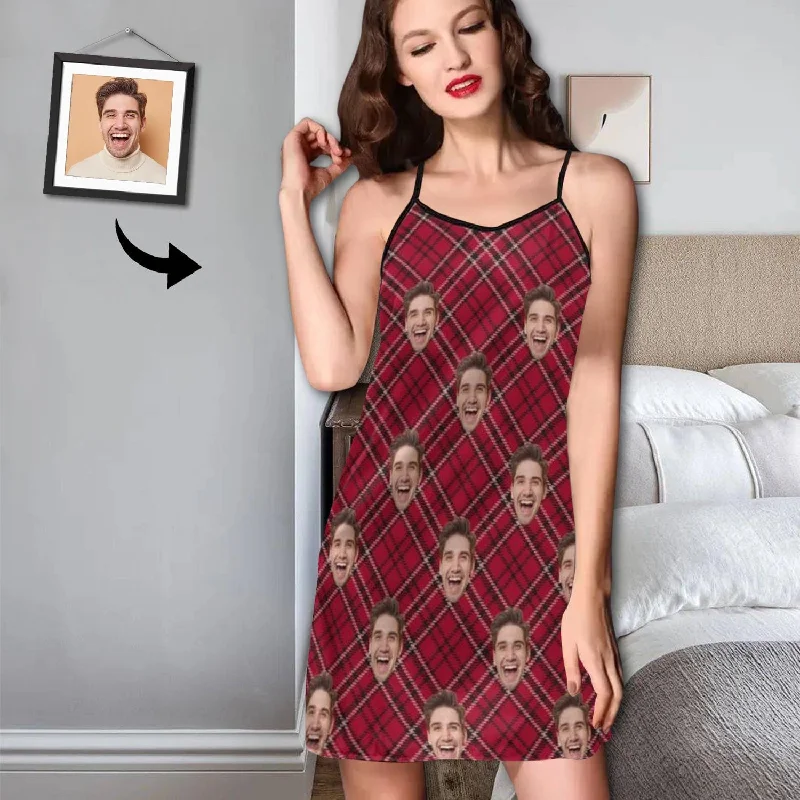 women's pajamas for everyday wearCustom Face Pajama Dress Red Lattice Personalized Nightshirt with Photo On Them for Women