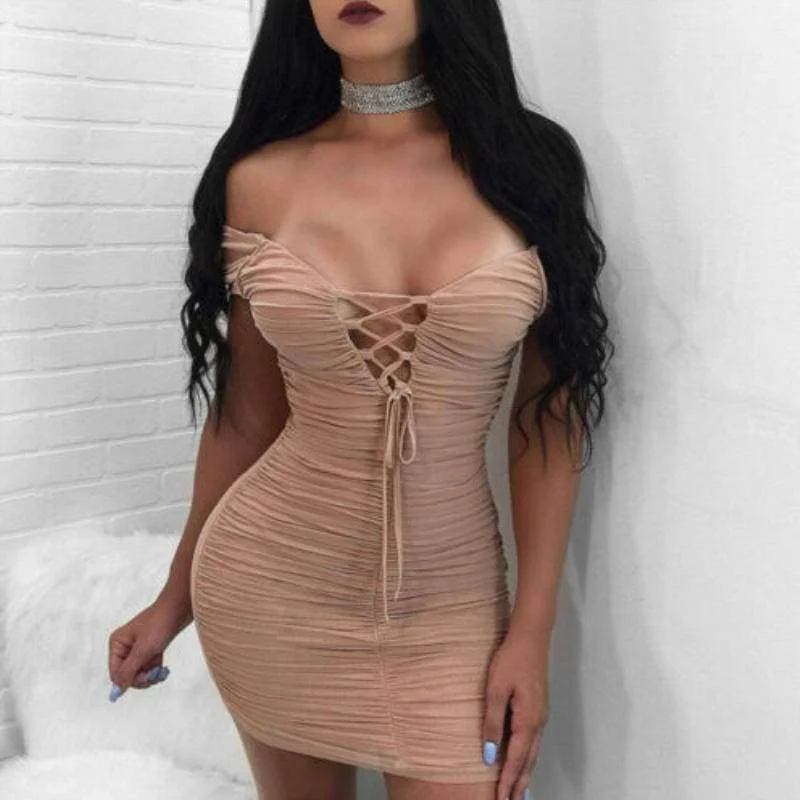 Women's Shawl Collar DressesFashionSierra - Women Ladies Bandage Bodycon Short Mini Dress Off Shoulder Evening Party Clubwear Summer Dress Sundress