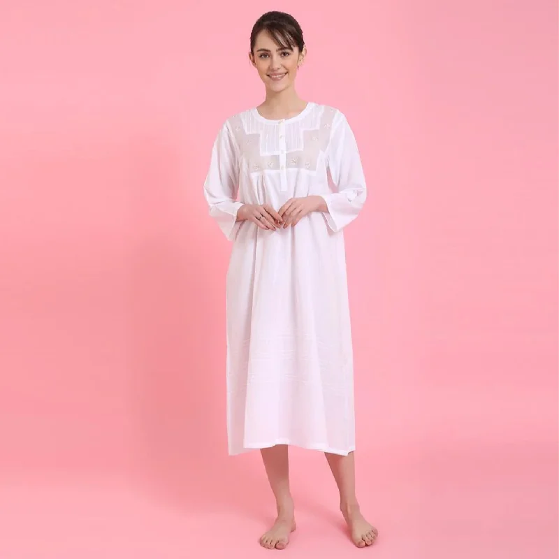 women's pajamas with button-flyBee Embroidered Long Sleeve 100% Woven Cotton Gown