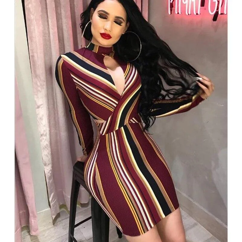 Women's Keyhole-Neck DressesFashionSierra - Women Stripe O-Neck Long Sleeve Bodycon Evening Party Backless Sexy Short Mini Dress Mix Color Striped Dress