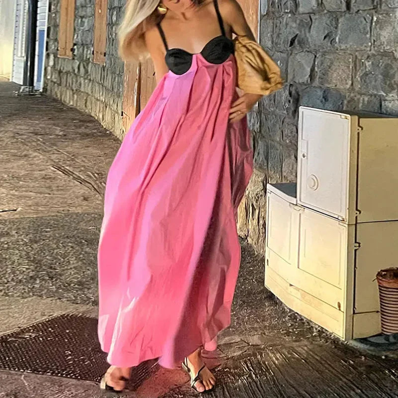 Women's Shift DressesBackless Pink Sleeveless Loose Slip Panelled Bandage Maxi Dress