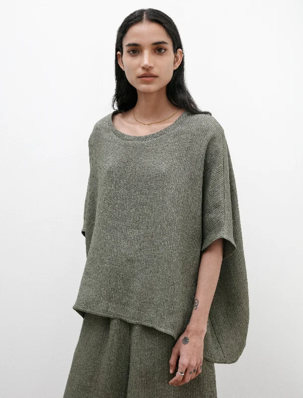 Women's Blouse with Low CollarEasy T-Shirt Wave Linen Military Green