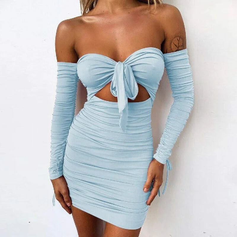 Women's V-Neck DressesFashionSierra - Women Bodycon Dress Off Shoulder Long Sleeve Hollow Out Solid Clubwear Party Ladies Casual Slim Mini Dress