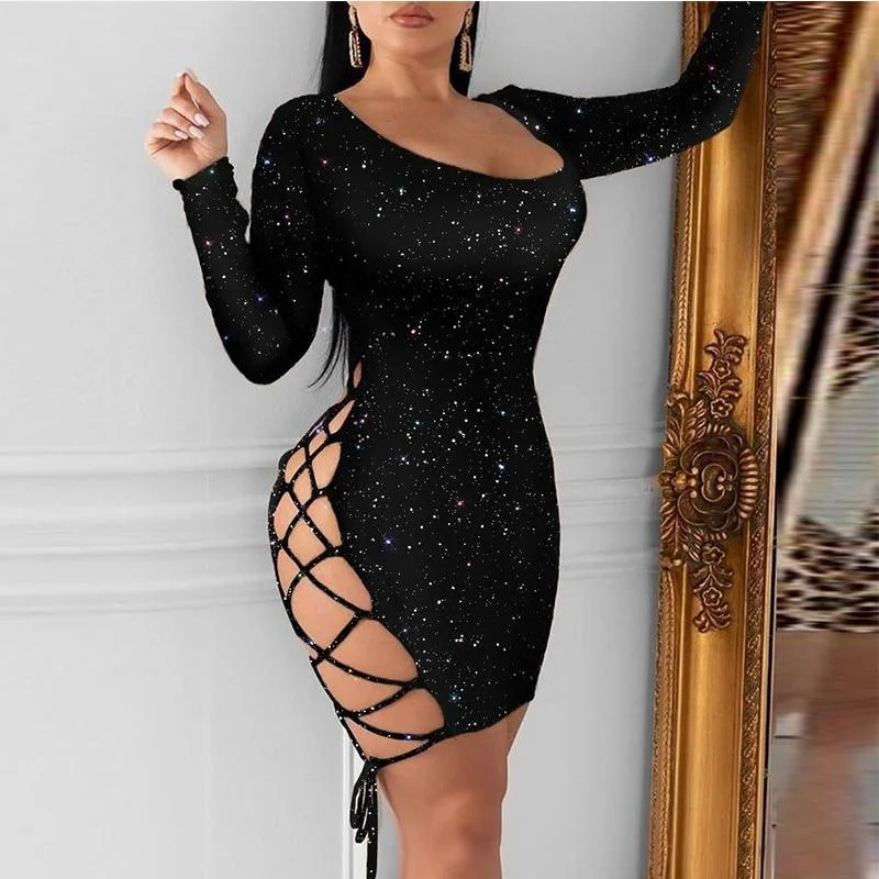 Women's Sweetheart-Neck DressesFashionSierra - Women Glitter Lace-Up Dress Long Sleeve Backless Sexy Night Out Club Party Dress Bodycon Stretchy Mini Dresses Vestidos