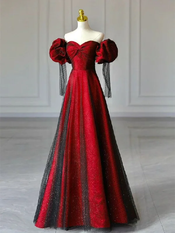 Women's Shirt Collar DressesBlack and Red Off Shoulder Sweetheart Party Dress, A-line Long Evening Dress       S6563