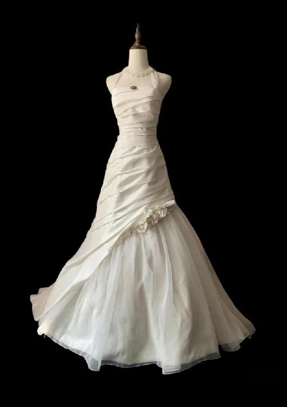 Women's Keyhole Collar DressesA-Line Satin Tulle Wedding Dress Elegant Long Wedding Party Dress     S6590