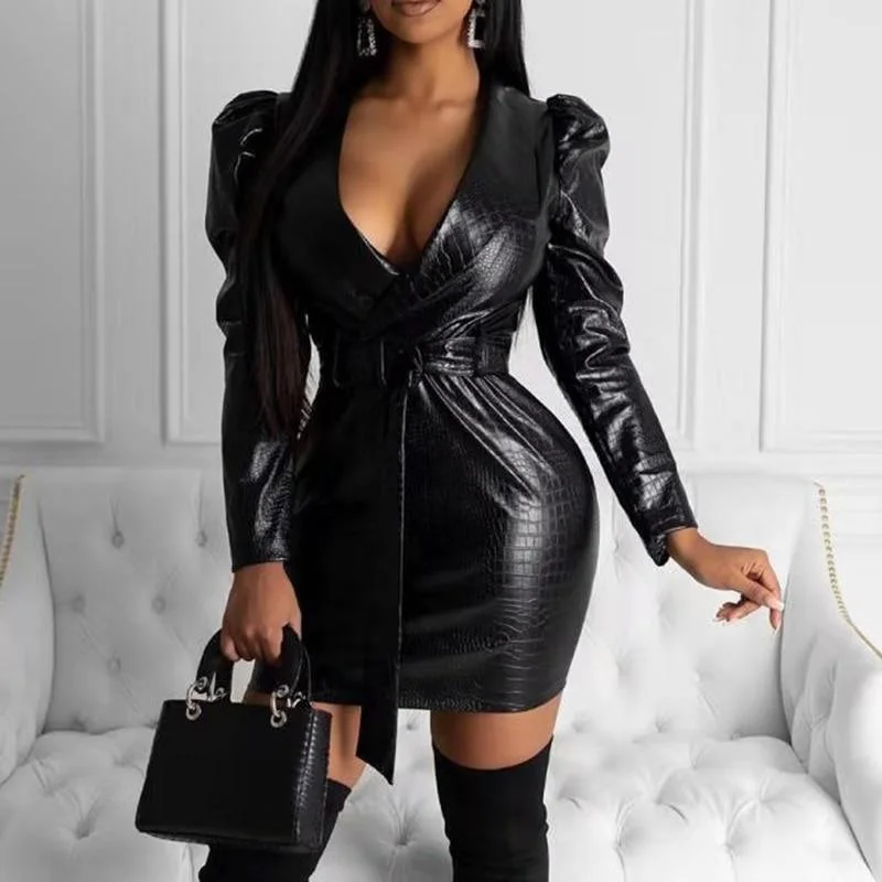 Women's Tiered DressesFashionSierra - Women Pu Leather Dress with Belt Puff Sleeve Turn Down Collar Leather Dress Sashes Long Sleeve Black Pu Dresses Mini Vestidos