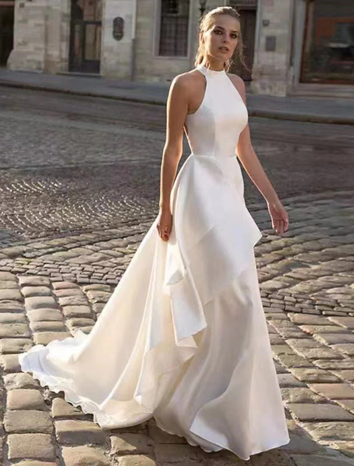 Women's Narrow Collar DressesReception Open Back Casual Wedding Dresses A-Line Halter Sleeveless Court Train Satin Bridal Gowns With Solid Color Summer Fall Wedding Party