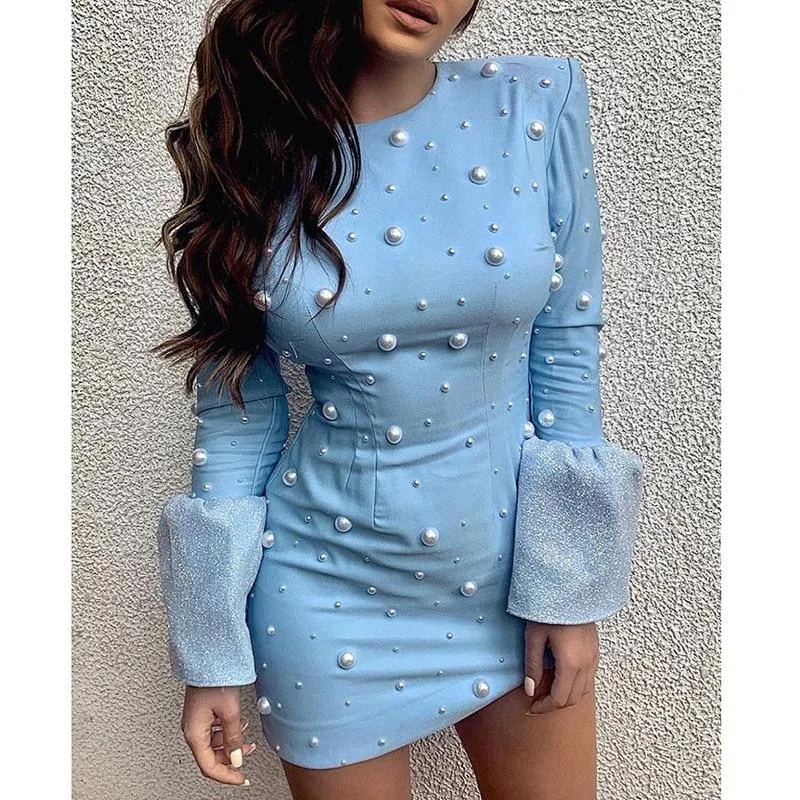 Women's Pleated DressesFashionSierra - Women Pearls Beading Dress Long Sleeve O Neck Blue Mini Party Dresses Winter Beaded Bell Cuff Bodycon Dresses Vestidos