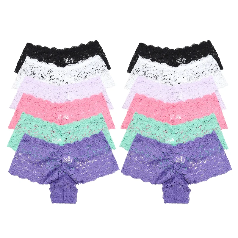 sheer lace panties with an adjustable waistbandLace Cheeky Boxer Panties with Flower Design (12-Pack)