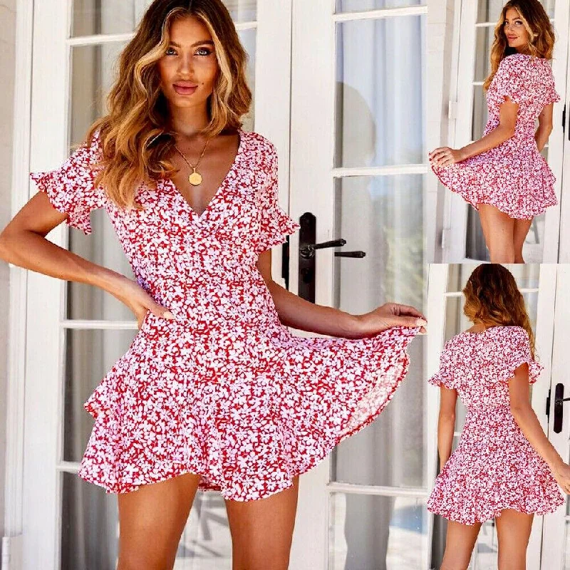 Women's Notched Collar DressesFashionSierra - Women Short Sleeve V-Neck Wrap Boho Floral Mini Dress Fashion Ladies High Waist Holiday Summer Beach Sundress