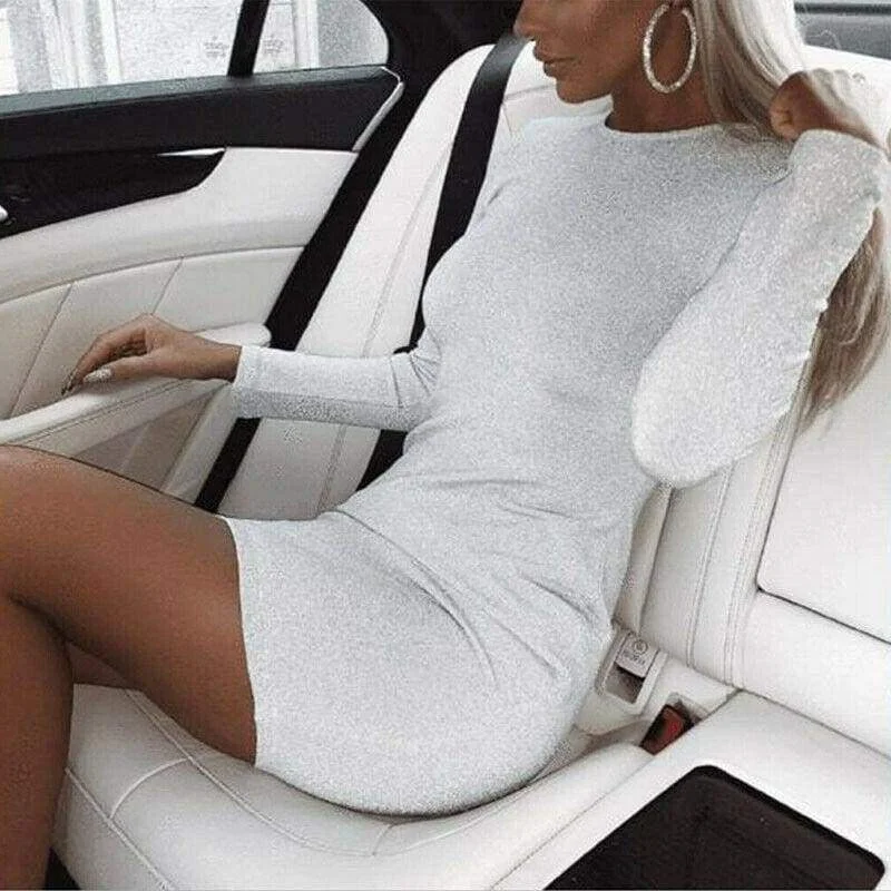 Women's Lapel Collar DressesFashionSierra - Women Sequin Dress Long Sleeve Solid Bodycon Dress Sexy Lady Evening Party Autumn Casual Short Mini Dress