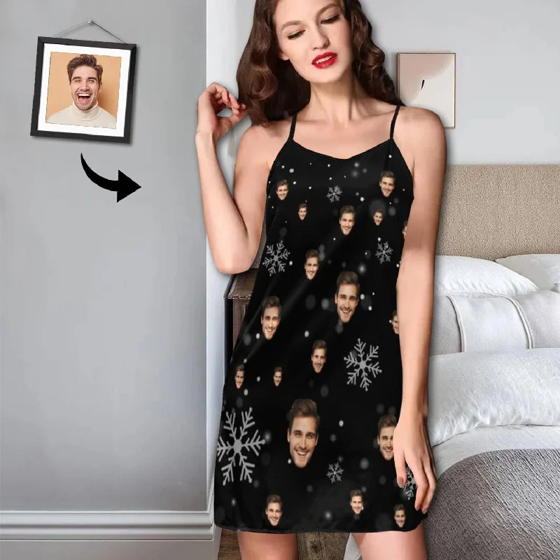 women's pajamas for bed and breakfast staysCustom Face Pajama Dress Snowflake Black Personalized Nightshirt with Photo On Them for Women