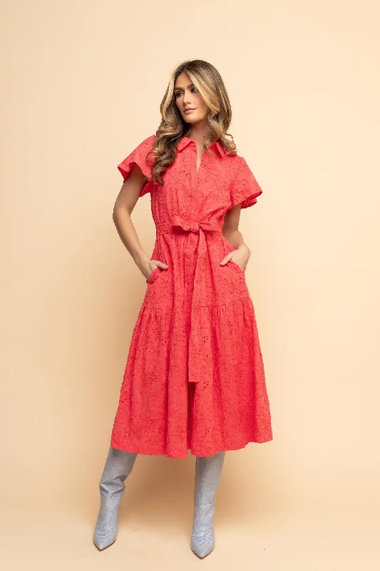 Women's Low Collar DressesMidi Shirt Dress - Paradise Pink