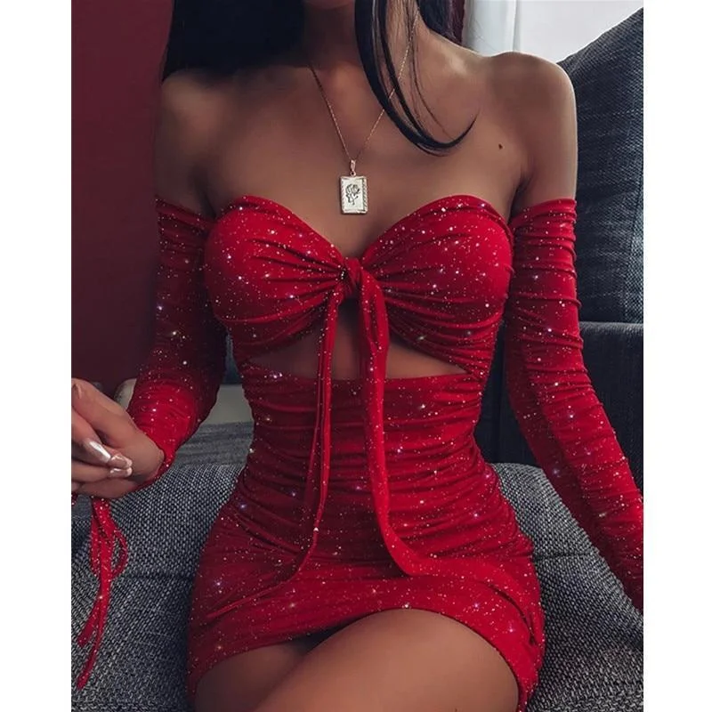 Women's V-Back DressesFashionSierra - Women Off Shoulder Glitter Dress Long Sleeve Solid Sexy Party Strapless Mini Dresses Bust Tied Bodycon Ruched Dresses Vestidos