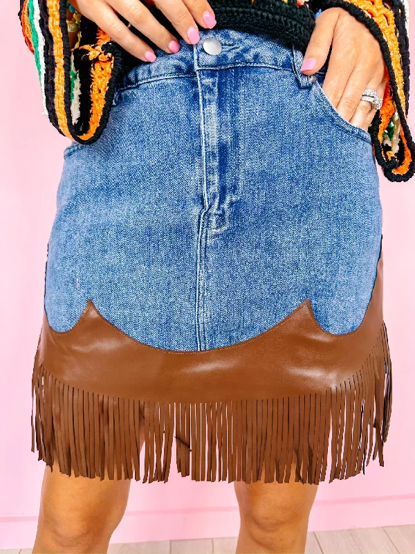 Women's Lightweight SkirtsRODEO GIRL LEATHER FRINGE DENIM SKIRT