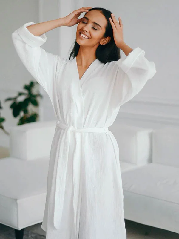 women's pajamas with adjustable waistbandsRobe de Chambre Femme mi-Longue en Coton Blanc "Nid Douillet"