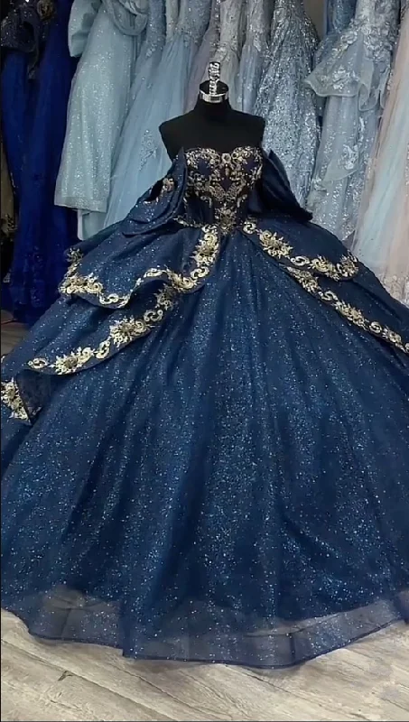 Women's Short-Sleeve DressesA Line Navy Blue Ball Gown Birthday Party Dress Sparkly Quinceanera Dress      S6774