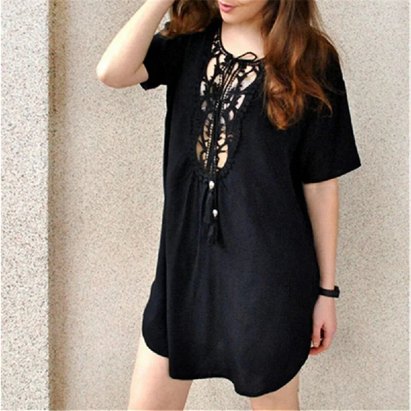 Women's Sweetheart Collar DressesFashionSierra - Women Short Sleeve Loose Mini Dress Ladies Summer Shirt Solid Casual V-Neck Holiday Beach Dress Sundress