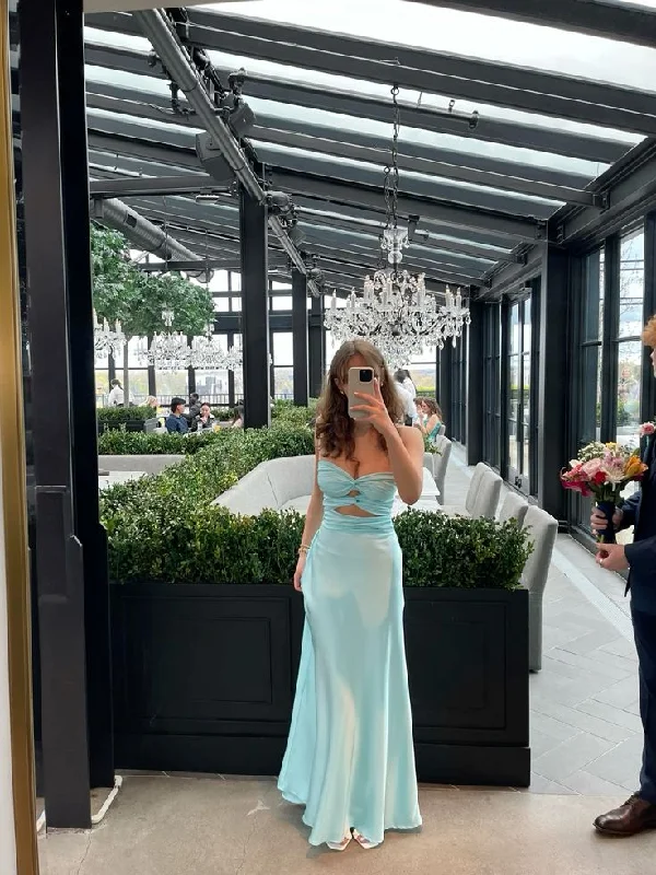 Women's V-Shaped Collar DressesLight Blue Lovely Satin Long Party Dress Evening Gowns      S6633