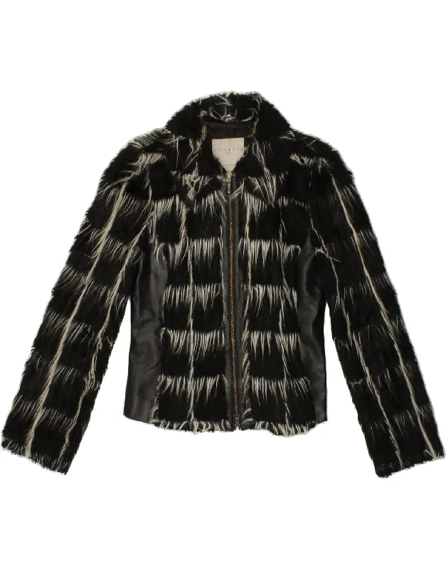 Women's Coats with Fur Trimmed ZipperRICHMOND Womens Crop Faux Fur Bomber Jacket UK 10 Small Black Check