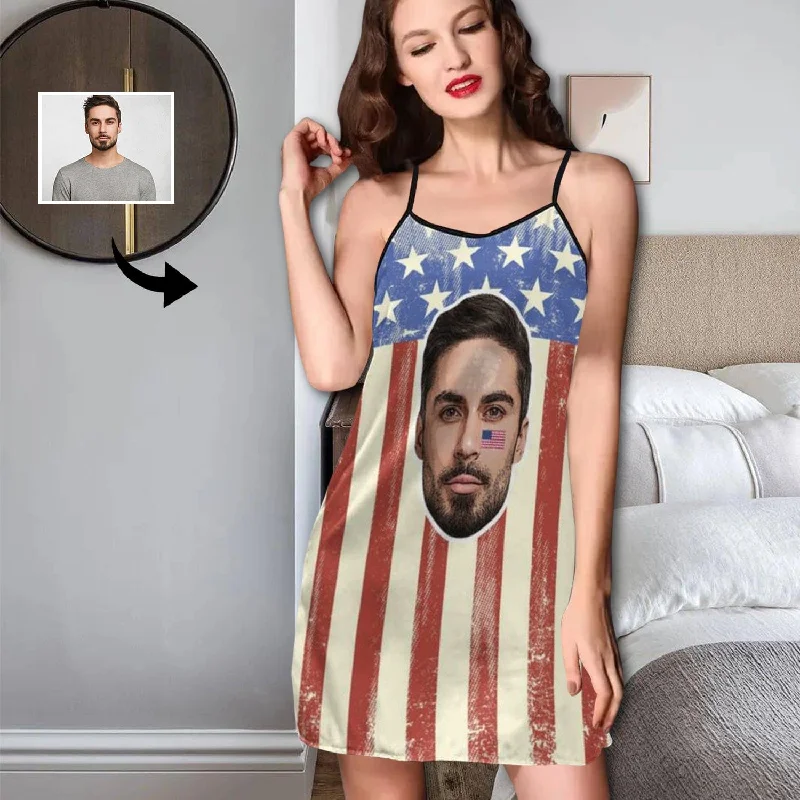 women's pajamas in bold patternsCustom Face Pajama Dress US Flag Personalized Nightshirt with Photo On Them for Women