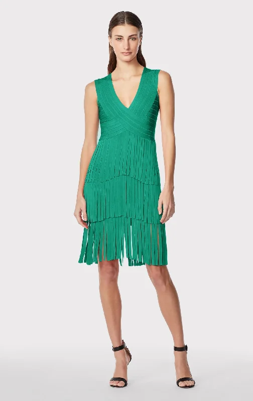 Women's Collarless DressesV NECK FRINGED MIDI DRESS