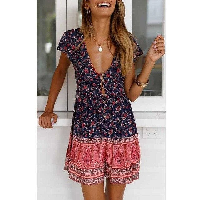 Women's Sweetheart Collar DressesFashionSierra - Women Summer Clothes Red Blue Floral Print Sexy Tunic Boho Mini Dress Vneck Button Ladies Bohemian Beach Dresses Casual Sundress