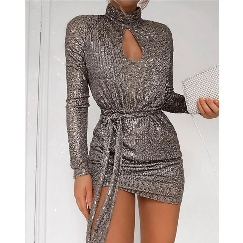 Women's Long-Sleeve DressesFashionSierra - Women Sequined Keyhole Tie Waist Dress Club Wear Party Mini Dress Asymmetric Sexy Bodycon Mini Vestidos