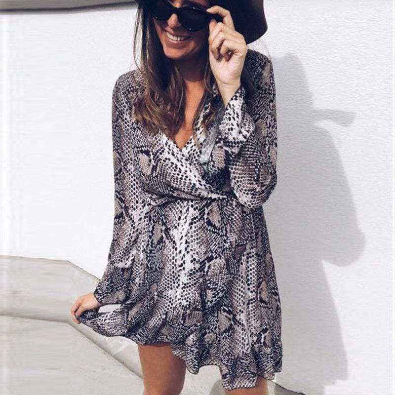 Women's Low Collar DressesFashionSierra - Women's Boho Mini Dress Long Sleeve V Neck Fashion Snake Leopard Printed Ruffled Frill Party Beach Sundress