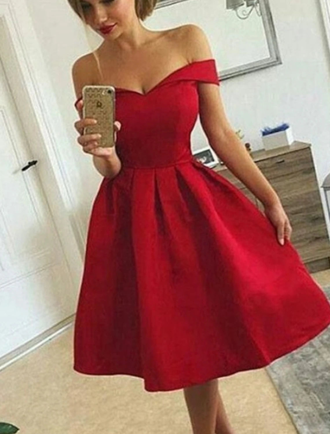 Women's Lapel Collar DressesA-Line Vintage Sexy Homecoming Cocktail Party Dress Off Shoulder Sleeveless Knee Length Satin with Sleek