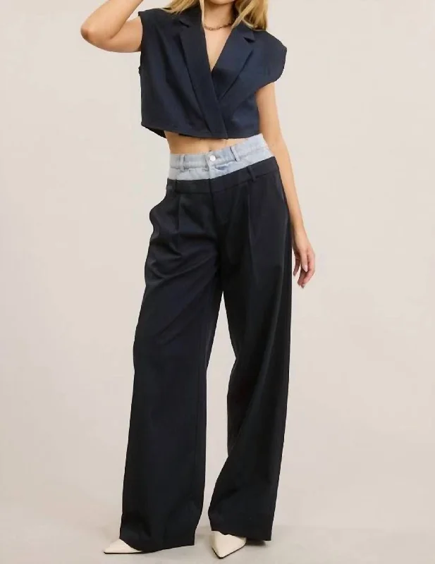 Women's Jodhpurs with Keyhole CollarWide Leg Trouser With Denim Waistband In Navy