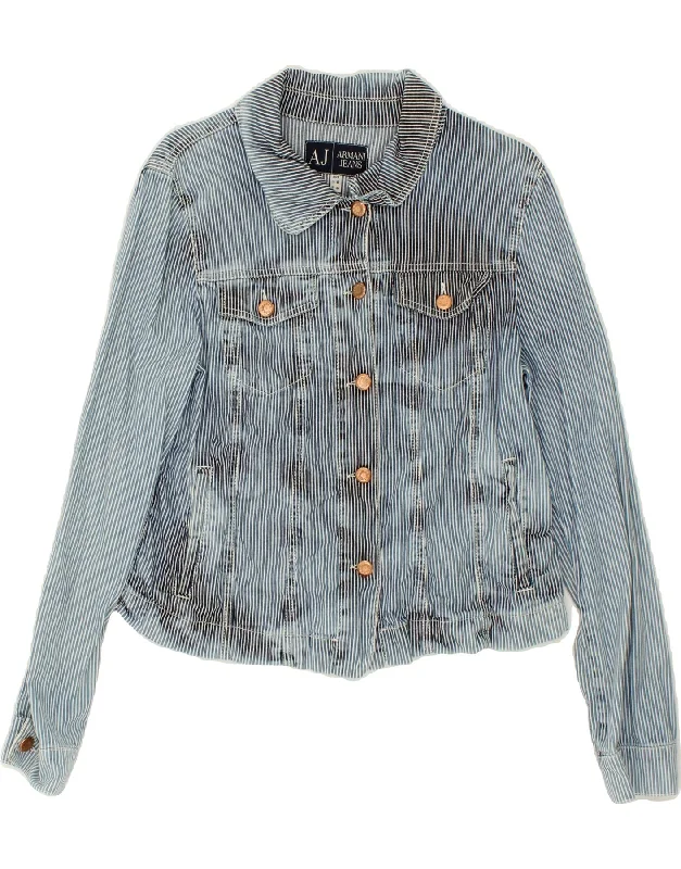 Women's Blazer CoatsARMANI JEANS Womens Crop Denim Jacket EU 44 Large Blue Pinstripe Cotton